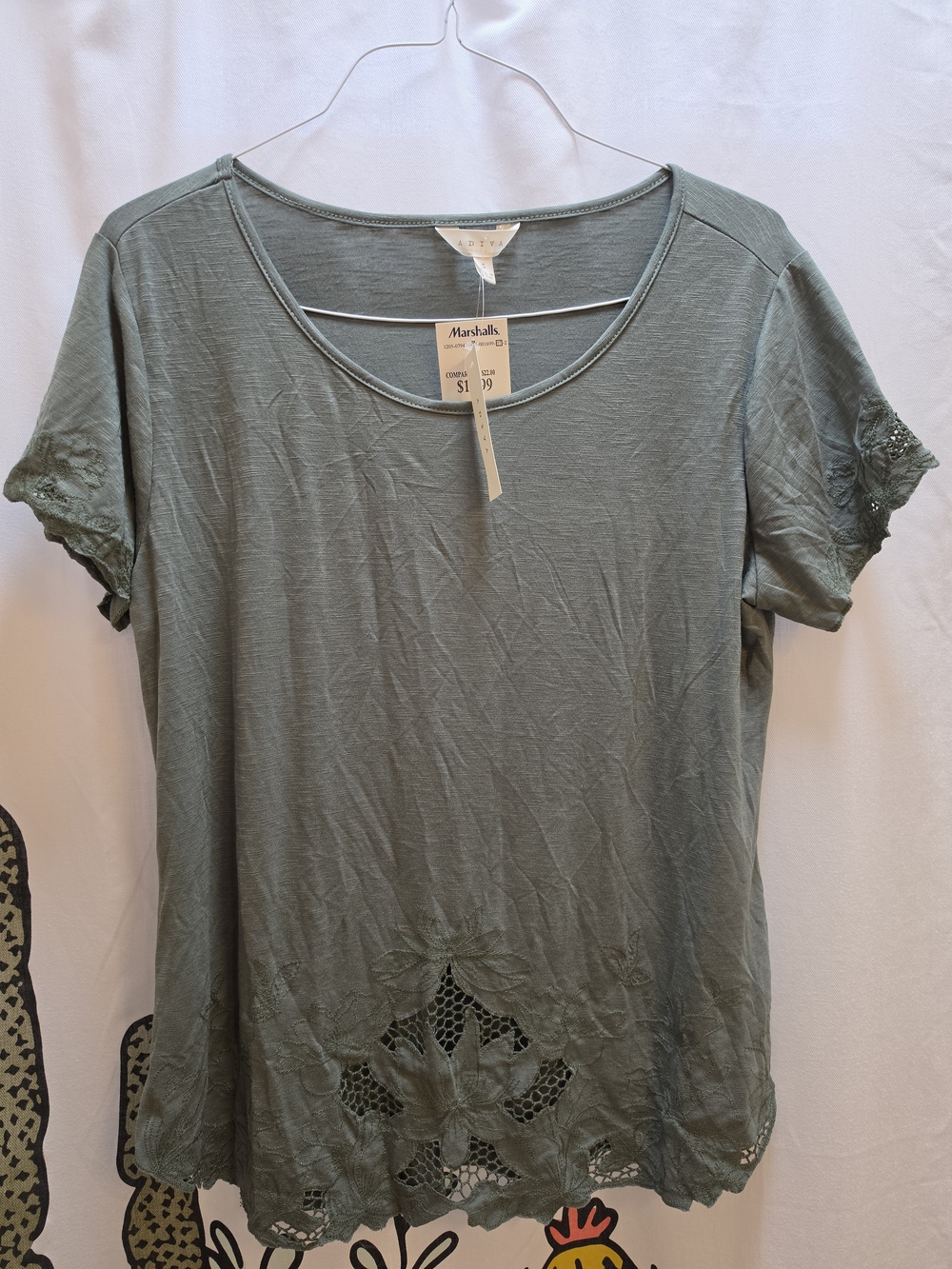 Adiva Sage Green Short Sleeve Tee with Lace Cutout